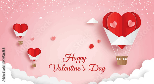 Valentine's Day celebration with heart-shaped balloons floating in a whimsical sky scene