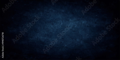 A dark blue grunge wall texture with a vintage black paper pattern creates a blank weathered backdrop for an old empty chalkboard design