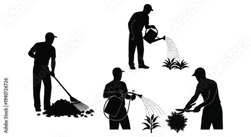 A collection of gardening silhouettes depicting various tasks like watering raking and pruning silhouette high quality professional detailed modern elegant stylish