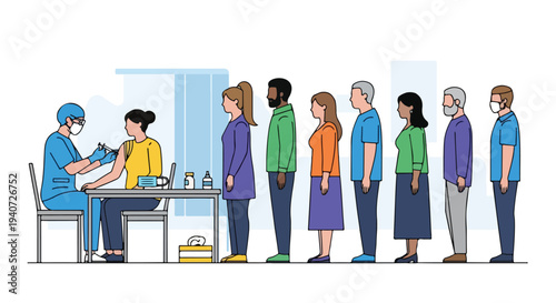 A healthcare worker in a mask and blue scrubs sits at a desk with a patient while others wait in a line with a post-pandemic health theme in a flat 2D illustration.