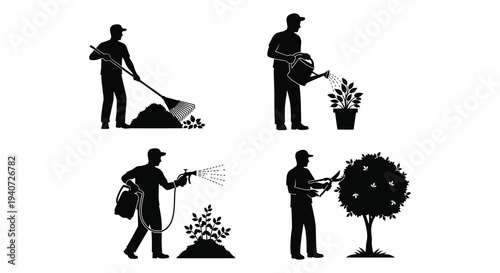 Four black silhouettes depict gardeners performing various tasks like raking watering pruning and spraying a garden silhouette high quality professional detailed