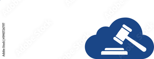 Minimalist vector icon of a cloud with a judge gavel cutout representing digital law, cloud compliance, online legal services, and cybersecurity regulations. Royal blue and white professional design.