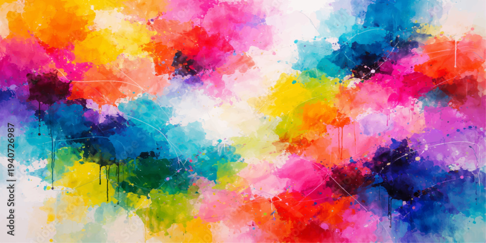 Fototapeta premium Vibrant abstract watercolor background featuring a colorful paint splash pattern with artistic brush strokes and grunge ink textures on paper illustration
