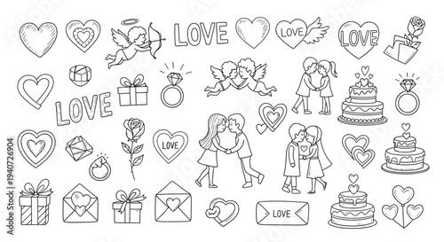 Couple Celebrating Love with Romantic Symbols and Gifts in Various Illustrations