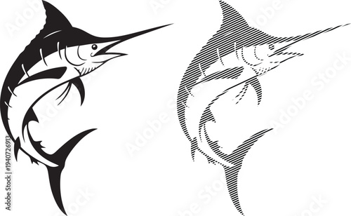Two stylized illustrations of a marlin fish in dynamic poses