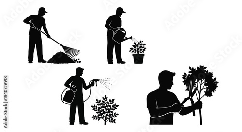 Four black silhouettes depict gardeners performing tasks like raking watering spraying and pruning a bush silhouette high quality professional detailed modern