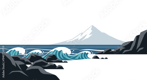 A stylized illustration shows a distant white snow-capped mountain overlooking a rocky coastline with large blue crashing waves.