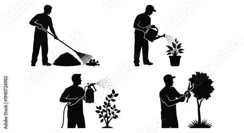 Four black silhouettes depict men gardening with tools tending to plants and maintaining landscapes silhouette high quality professional detailed modern elegant