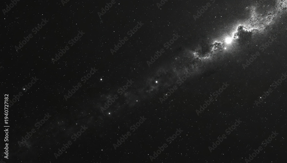 Fototapeta premium Deep space background with many stars and nebula. Galaxy stretches across dark sky. Bright star shines within cosmic dust cloud. Cosmic expanse.