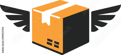 Minimalist vector icon of a cardboard shipping box with wings representing fast delivery, express shipping, logistics services, and e-commerce distribution. Industrial orange and black flat design.