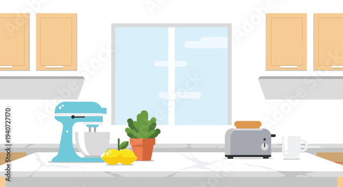 A brightly lit cartoon kitchen interior displays light wood upper cabinets and a large window above a white marble countertop with appliances.