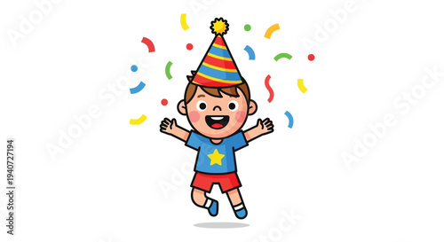 A jubilant boy with arms raised celebrates surrounded by confetti and a party hat creating a vibrant silhouette high quality professional