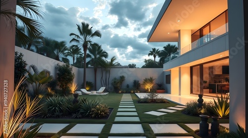 Modern Courtyard Home with Lush Tropical Garden at Dusk