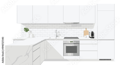 A modern minimalist white kitchen features sleek flat-panel cabinets, a subway tile backsplash, and a marble countertop with appliances.