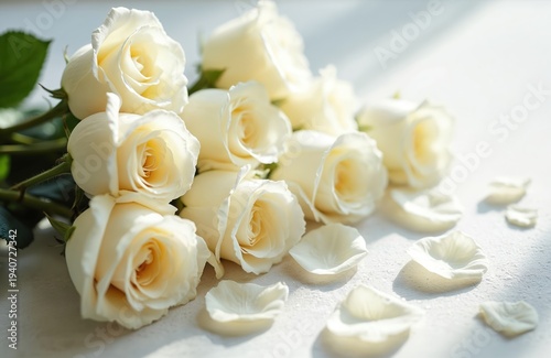 White roses lay on white surface with scattered petals. Soft light falls on fresh blossoms creating delicate shadows. Elegant floral bouquet for celebrations or decor.