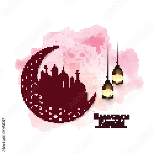 Ramadan Kareem Islamic crescent moon watercolor background design