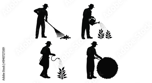 Four gardeners depicted in black performing various yard work tasks against a plain white background silhouette high quality professional detailed modern