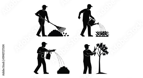 Four distinct black silhouettes depict gardening tasks raking watering spraying and pruning a tree silhouette high quality professional detailed modern elegant