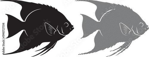 Contrasting visual styles of a fish depicted in solid black and crosshatch patterns