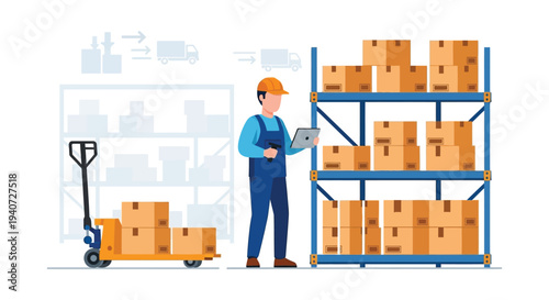 A worker manages inventory with a digital tablet amidst stacked boxes and equipment a flat silhouette high quality professional detailed modern