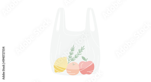 A transparent plastic grocery bag contains a yellow lemon, a pink grapefruit, a red apple, and a green herb sprig on a white background.