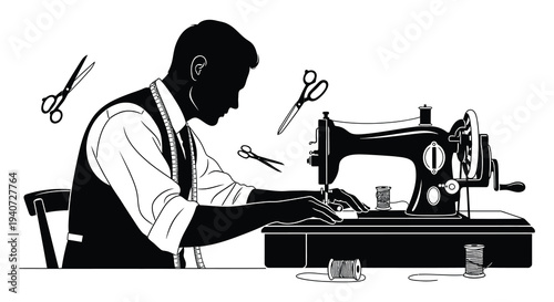 A black and white silhouette depicts a tailor working diligently with vintage tools and a sewing machine silhouette high quality professional