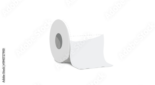 A single roll of white toilet paper with a grey cardboard core is depicted lying on its side on a plain white background.