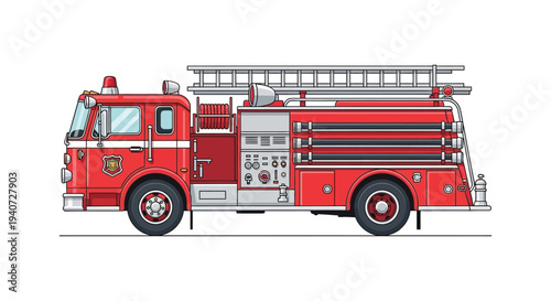 A vibrant red fire truck illustration with detailed features a ladder and a bold flat silhouette high quality professional modern elegant