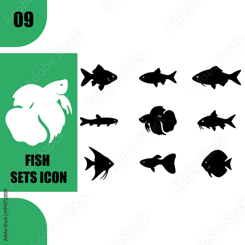 9 Tropical and Freshwater Fish Silhouette Icons Set