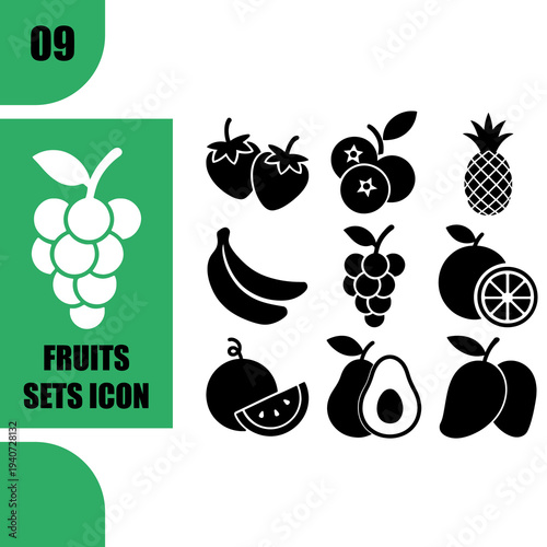 9 Minimalist Fruit Icon Set - Black Silhouette Vector
