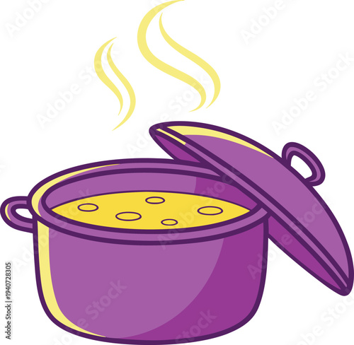 Purple pot of boiling food with steam rising