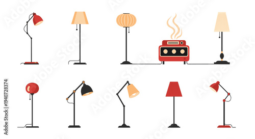 A vibrant collection of ten distinct floor and table lamps and a vintage red radio are presented in two rows against a clean white background.