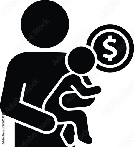 Silhouette of a parent holding a child with a dollar sign