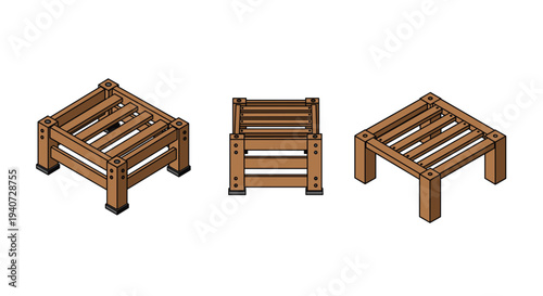 Three distinct isometric views of a simple brown wooden slatted stool or crate are presented against a clean white background.