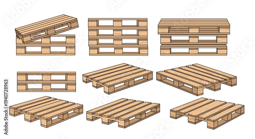 Nine light brown wooden pallets are presented in various isometric and stacked arrangements on a pristine white background, emphasizing their three-dimensional forms.