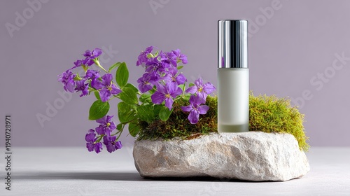 Glass cosmetic bottle with silver cap placed on a stone surrounded by purple flowers and green moss against a soft purple background