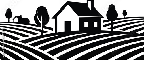 Rural farmhouse silhouette with fields and trees