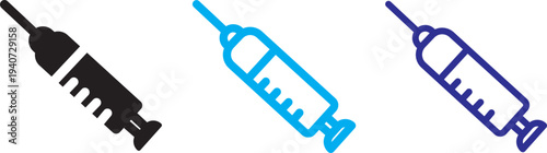 Syringe injection icons big set. Simple black stroke line  Vaccine injection icons.