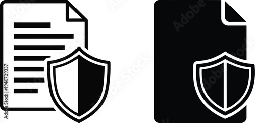 Silhouette icons of protected documents with shield