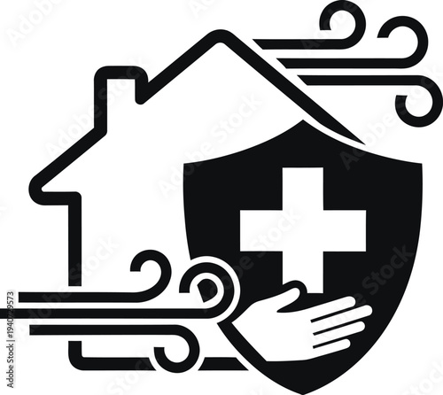 Medical protection silhouette logo with house and shield