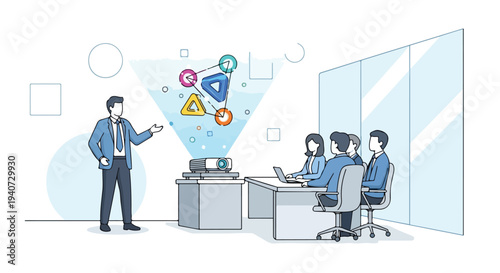 Flat 2D illustration of a businessman presenting innovation concepts to colleagues in a modern office with a tech-inspired graphic design