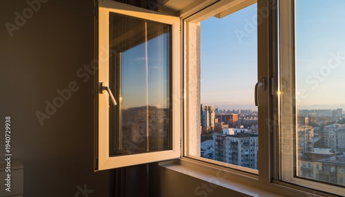Open window in apartment room with golden hour light and city view