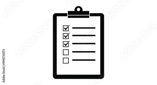 A black clipboard displays a checklist with multiple checked boxes against a white background a stark silhouette high quality professional detailed