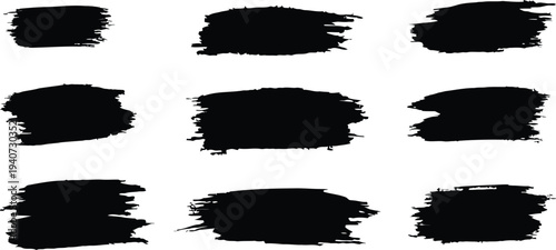 A collection of nine black brush strokes on a white background for artistic and design purposes