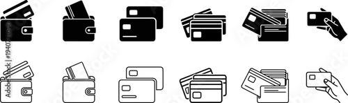 Collection of wallet and credit card icons in black and outline styles