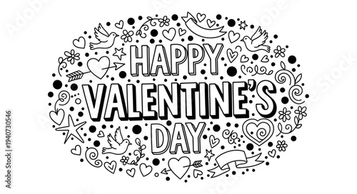 Valentine's Day illustration featuring hearts, flowers, and decorative elements in a circular frame, symbolizing love and affection.