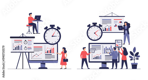 Two distinct scenes depict business professionals collaborating and presenting data with charts, monitors, stopwatches, and presentation boards in a dynamic office environment.