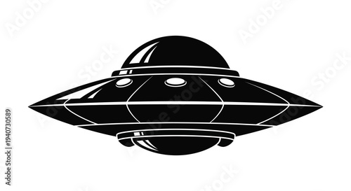 A striking black silhouette of a classic flying saucer spacecraft against a white background representing extraterrestrial technology silhouette high quality professional