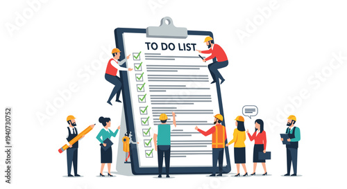 A diverse group of small construction workers in hard hats collaboratively manage and check off tasks on a giant TO DO LIST clipboard against a white background.
