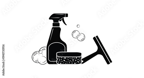 A simplified depiction of cleaning supplies spray bottle sponge and squeegee in black silhouette high quality professional detailed modern